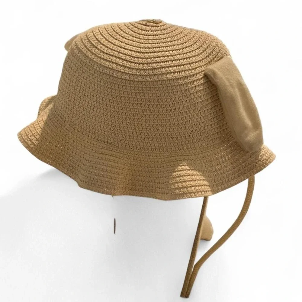 Unbranded Puppy Sun Hat Kids‎ One Size Tan New Woven Straw 3D Ears Wavy Brim